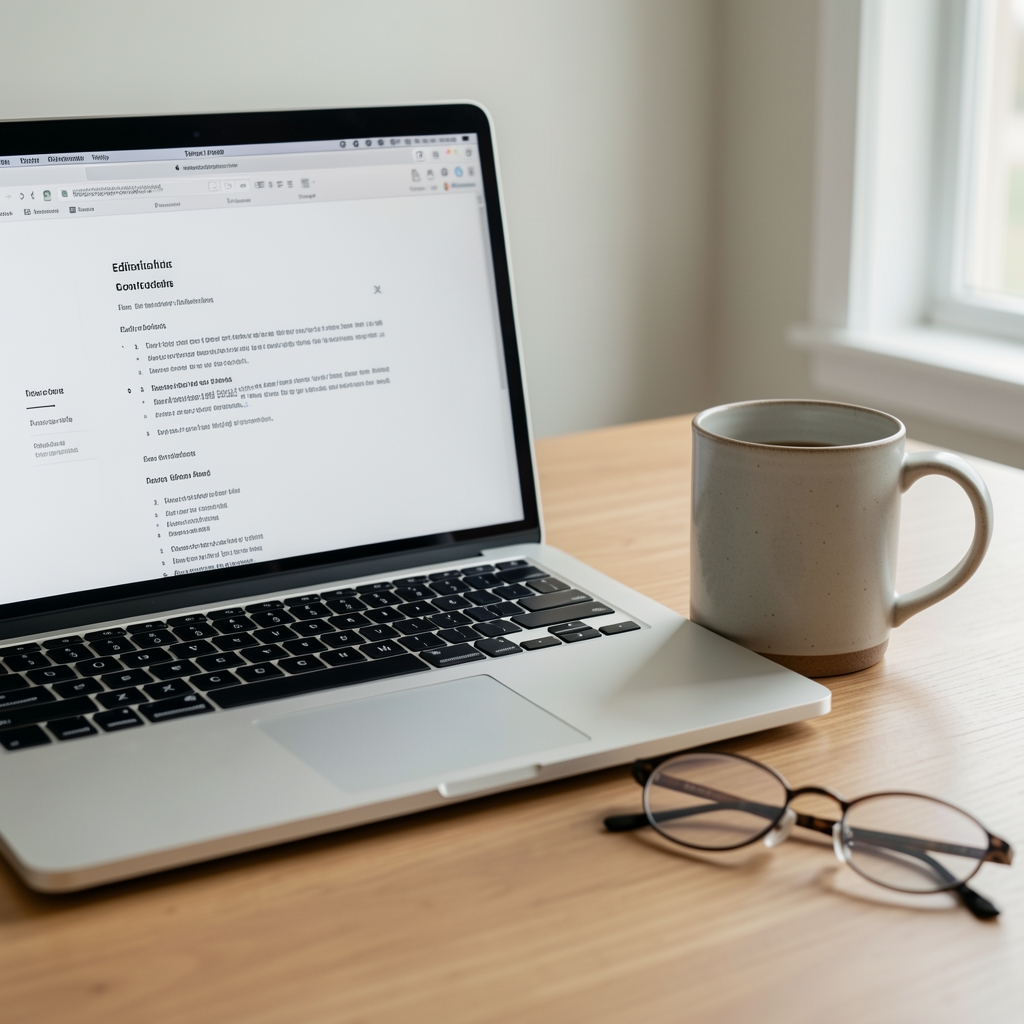 Laptop showing an editorial outline beside a ceramic mug and folded glasses