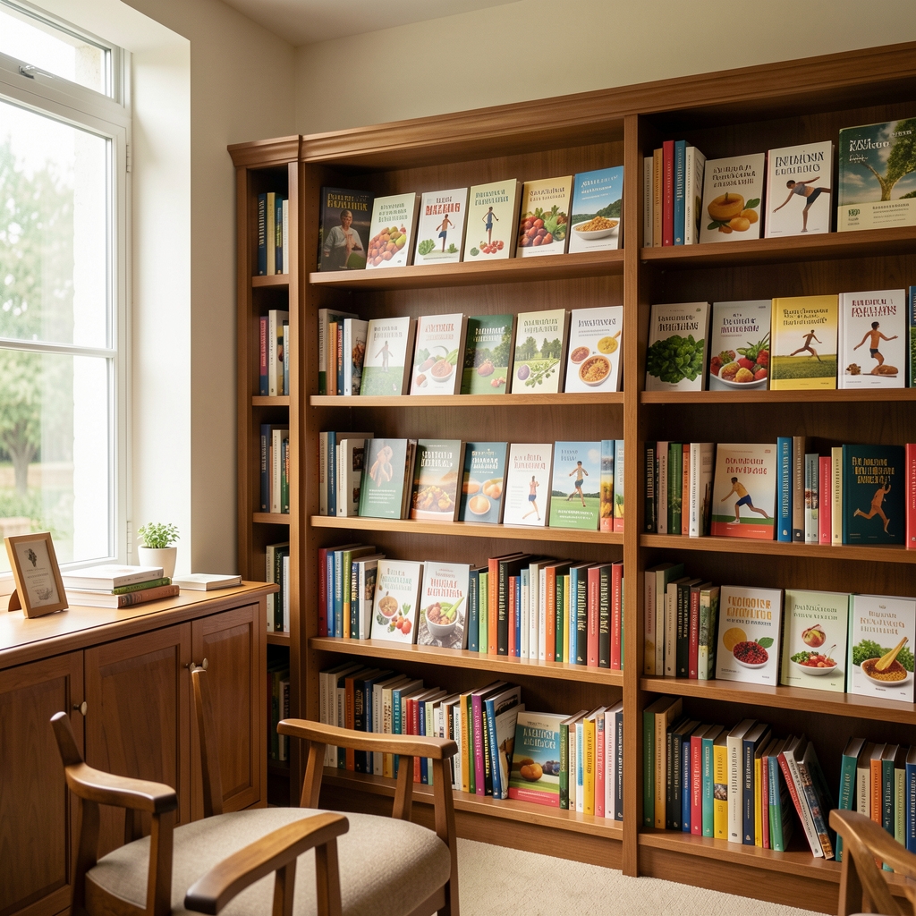 Shelves of books and journals about nutrition and human movement in a quiet reading room
