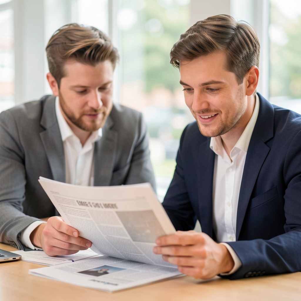 Two editorial colleagues discussing a printed article at a bright Cardiff studio table