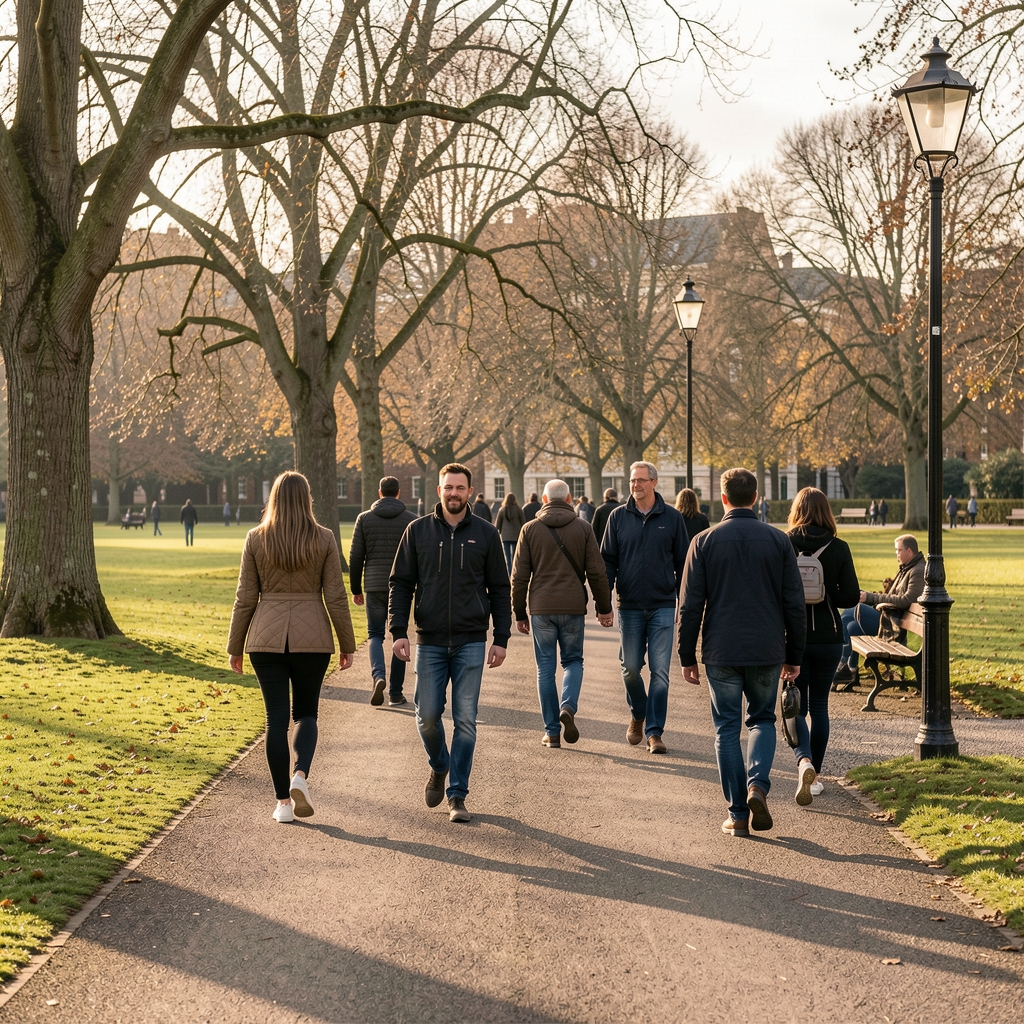 People walking along a Cardiff park path under soft afternoon light