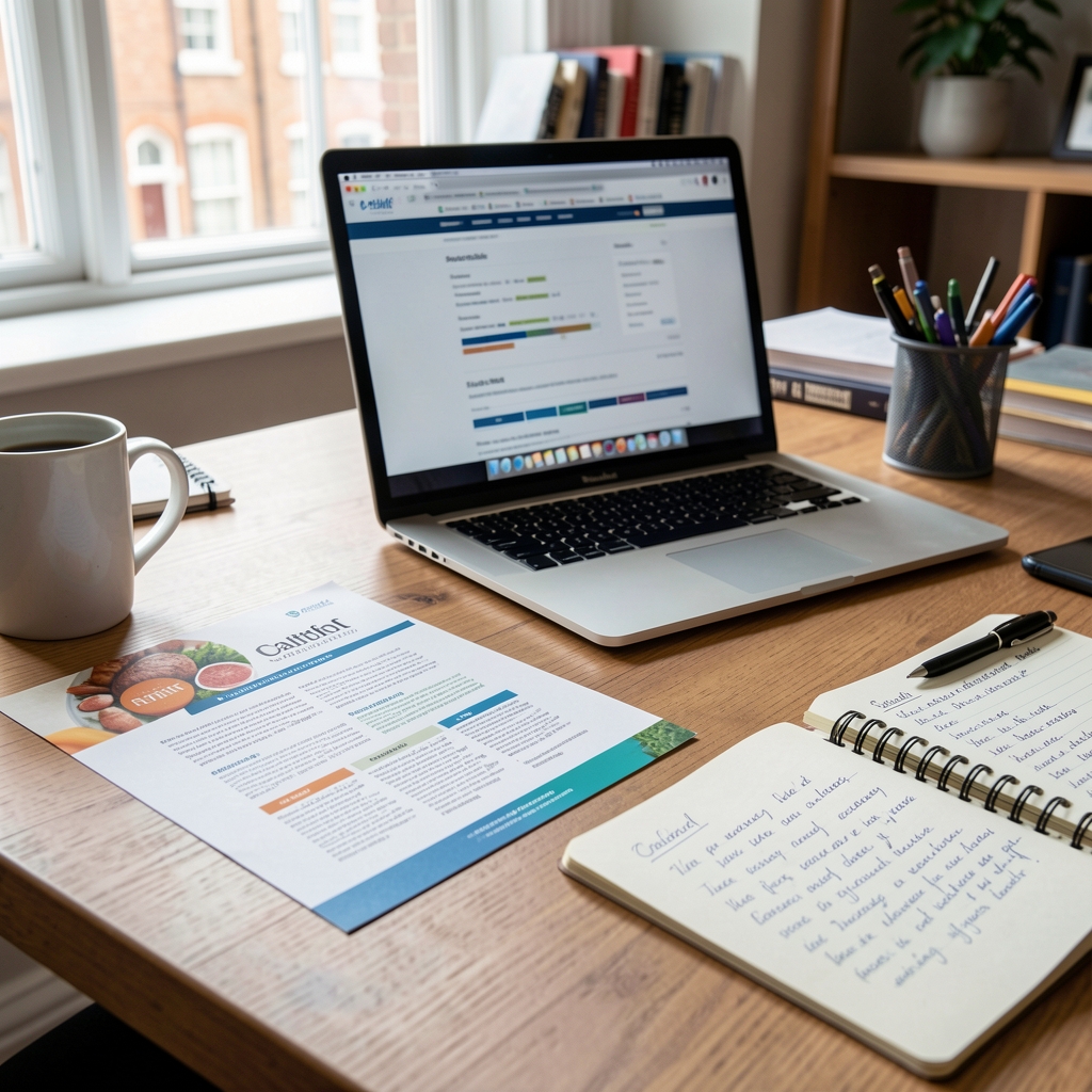 Editorial desk with a printed nutrition paper, laptop and handwritten notes in a Cardiff workspace