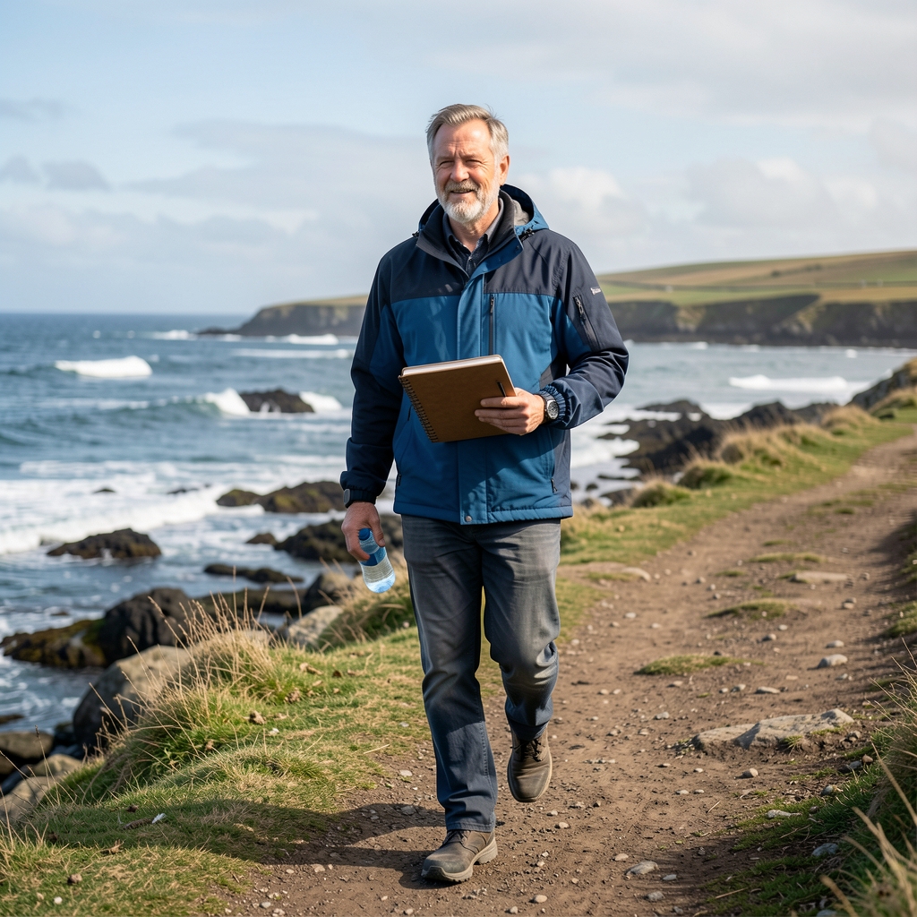 Adult over 40 walking beside a Welsh shoreline with a notebook and water bottle