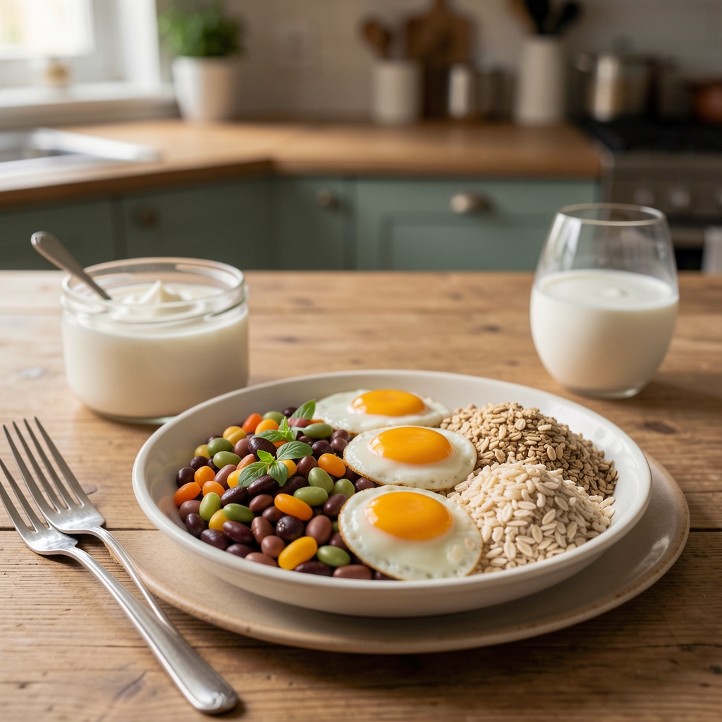 Colourful protein-rich meal with beans, eggs, yoghurt and whole grains on a kitchen table