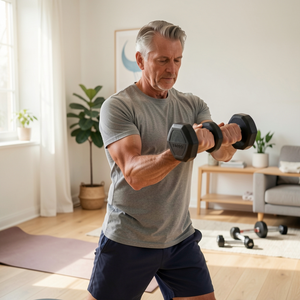 Adult over 40 practising a controlled dumbbell movement in a bright home exercise space