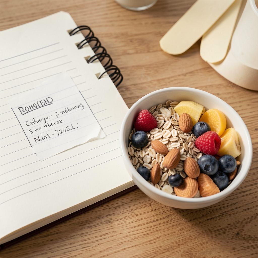 Small bowl of whole grains, nuts and fruit arranged beside a labelled research notebook