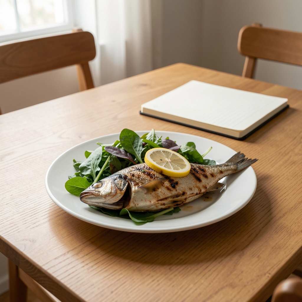 Grilled oily fish with lemon, leafy greens and a notebook on a simple dining table
