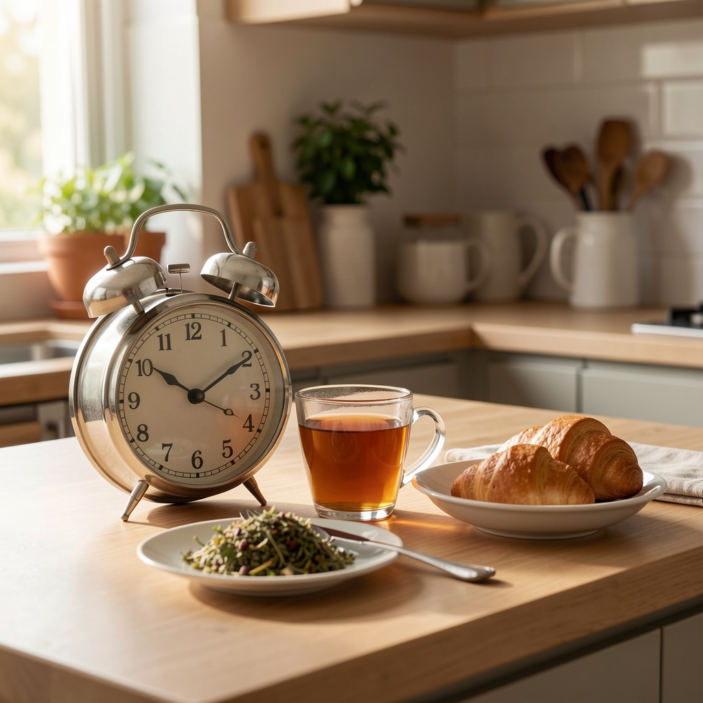 Clock, herbal tea and a simple breakfast arranged on a calm kitchen worktop in morning light