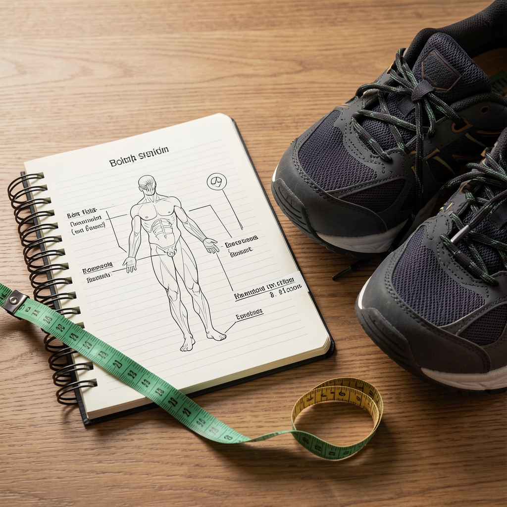Notebook showing a body composition chart beside a measuring tape and walking shoes
