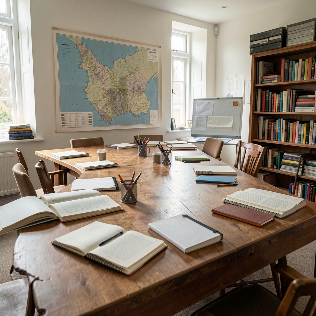 Bright Cardiff editorial room with Welsh map, notebooks and a long shared research table