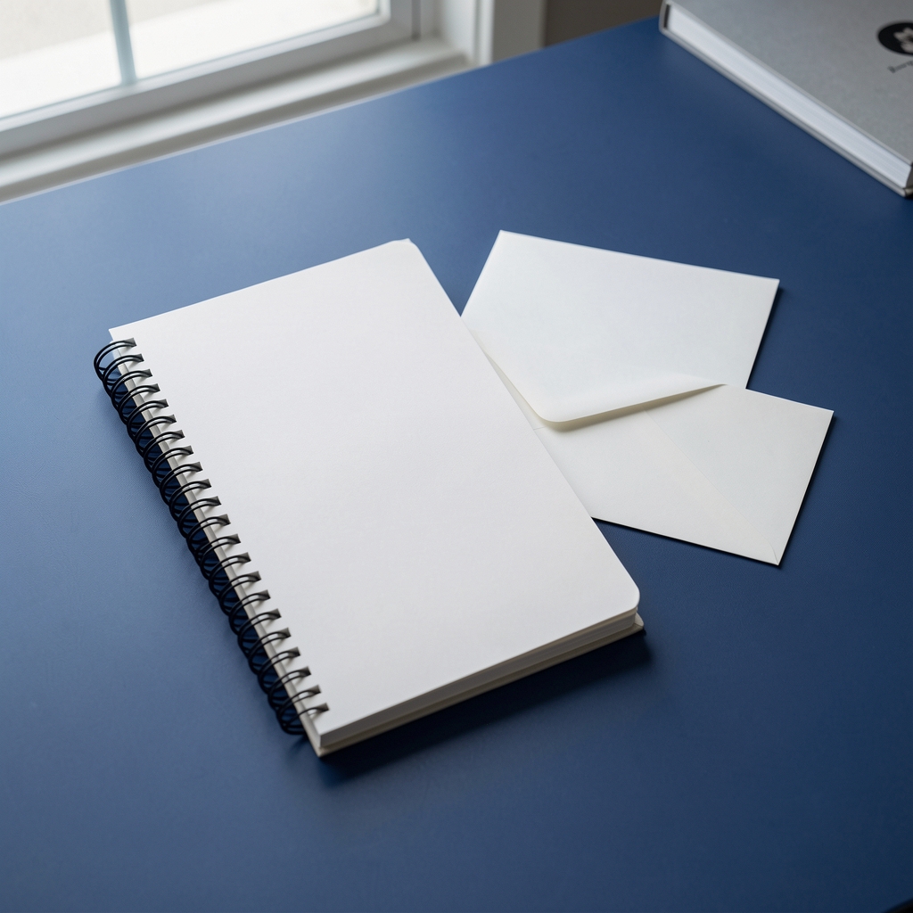 Editorial correspondence notebook and envelope on a calm indigo desk