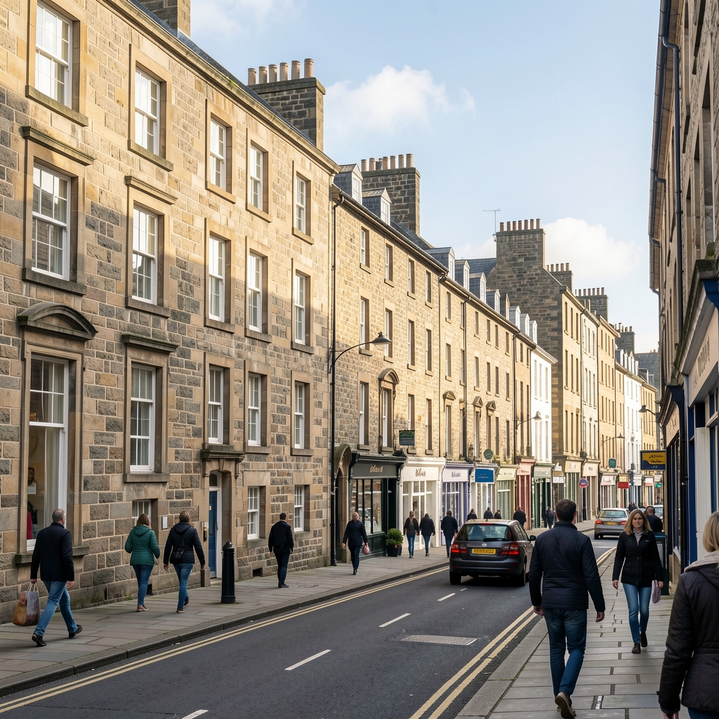 Historic St Mary Street in Cardiff with stone buildings and pedestrians during daytime