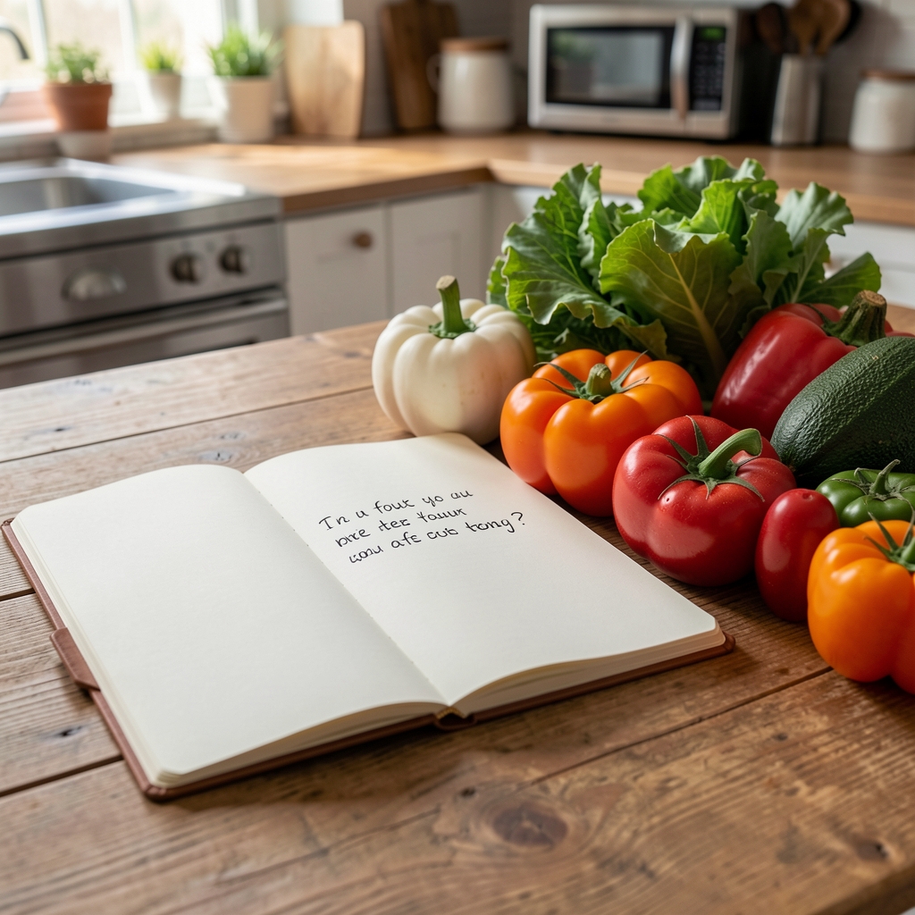 Open notebook with a handwritten question beside colourful seasonal vegetables on a kitchen table