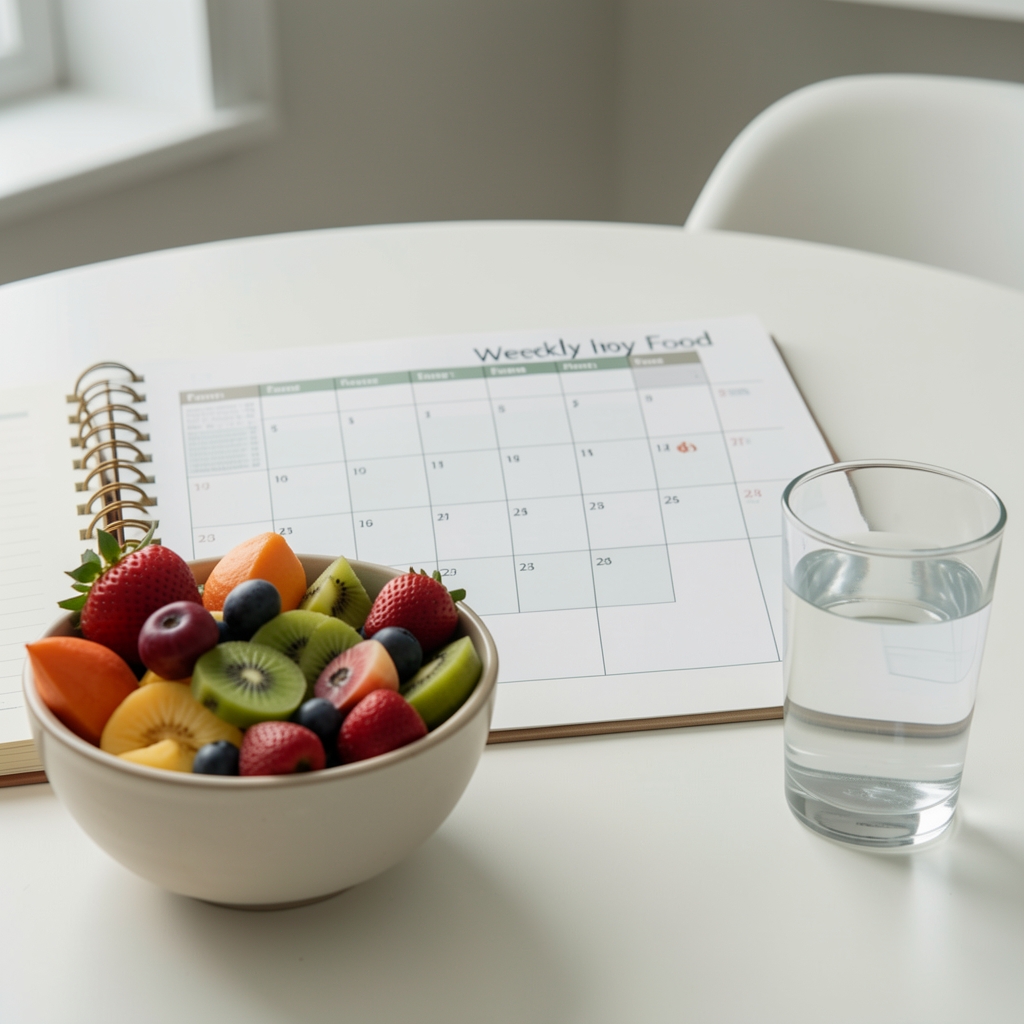 Open weekly food planning calendar beside a bowl of fruit and a glass of water
