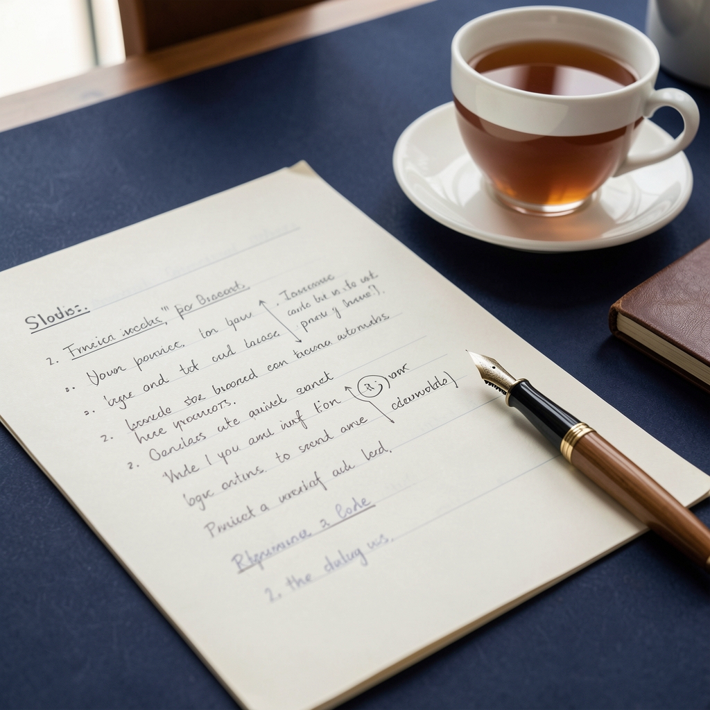 Close view of annotated research notes, fountain pen and tea on a dark indigo desk