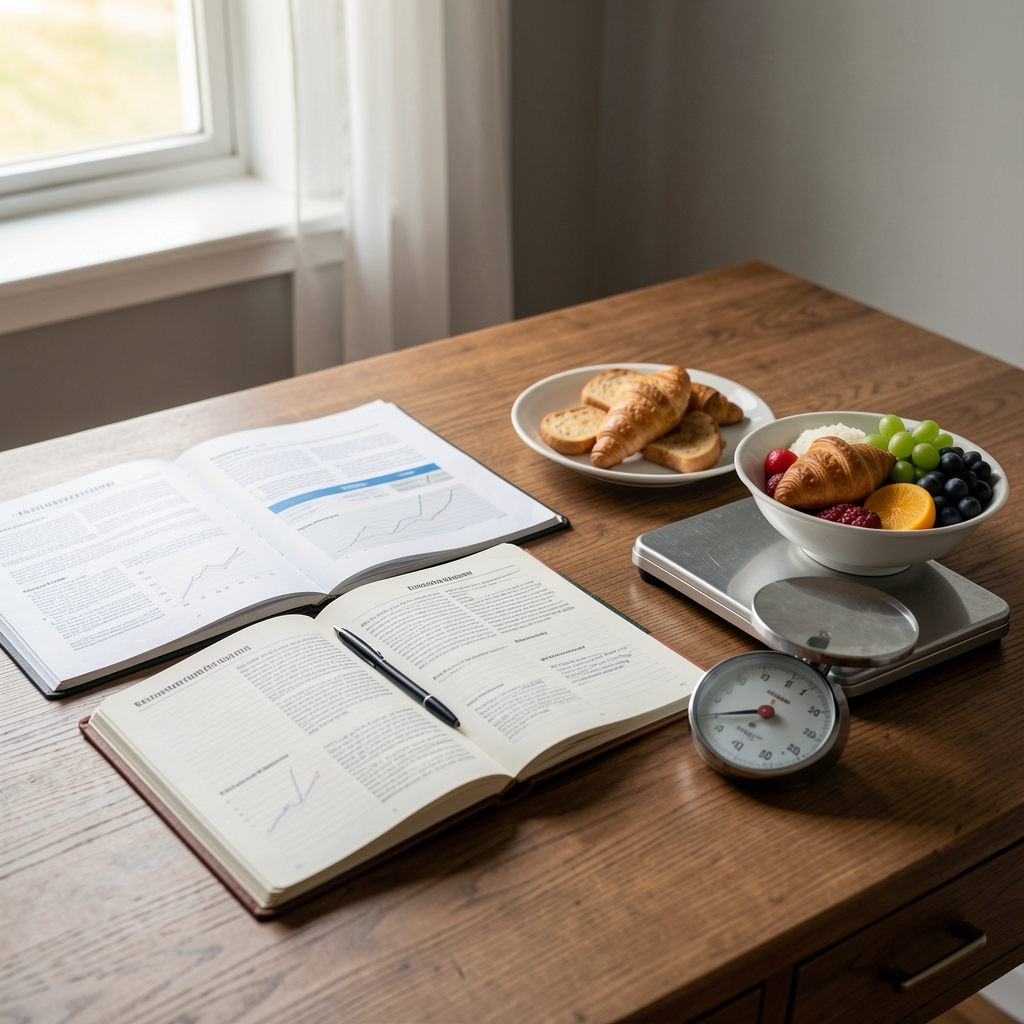 Sunlit Cardiff desk with research papers, an open notebook and a balanced breakfast beside a household scale