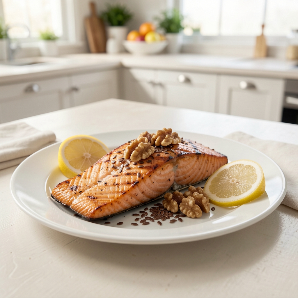 Grilled salmon with lemon, walnuts and flaxseed arranged on a bright kitchen table