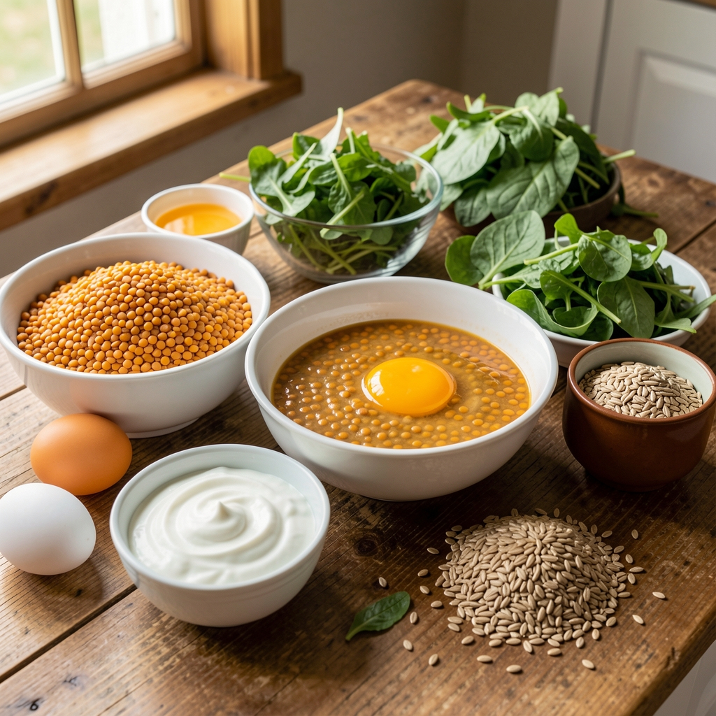 Colourful meal preparation with lentils, yoghurt, eggs, greens and whole grains on a wooden counter