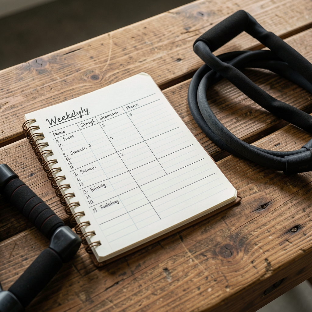 Notebook with a weekly strength plan beside resistance bands and a wooden bench